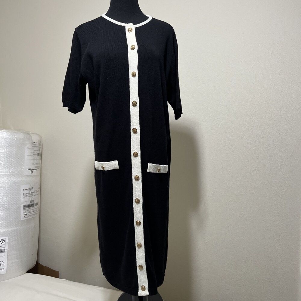 Vintage 70s Sweater Knit Dress Black White Cardigan Button Office Career Retro M